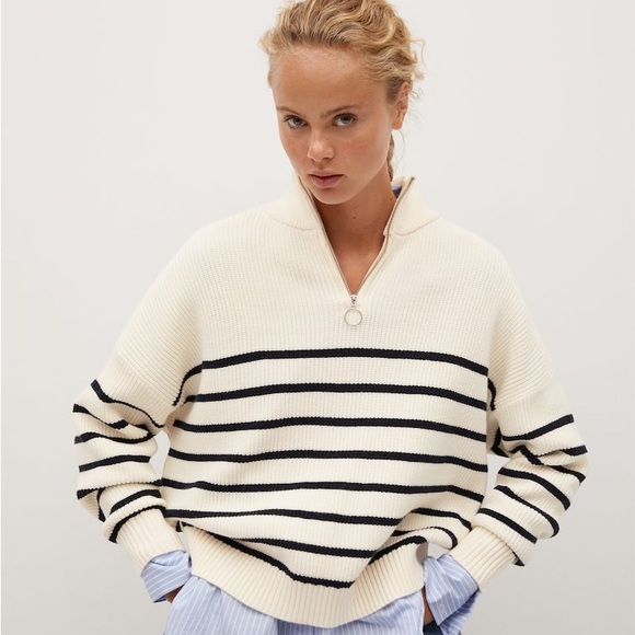 Mango Sweaters - Mango Striped Knit Sweater w/half zipper detail. Fashion blogger favorite